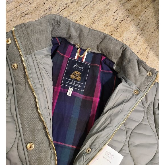 New! Joules Women US4 UK8 Rosedale Gray Quilted Jacket Plaid Lined Corduroy Trim - Picture 15 of 16
